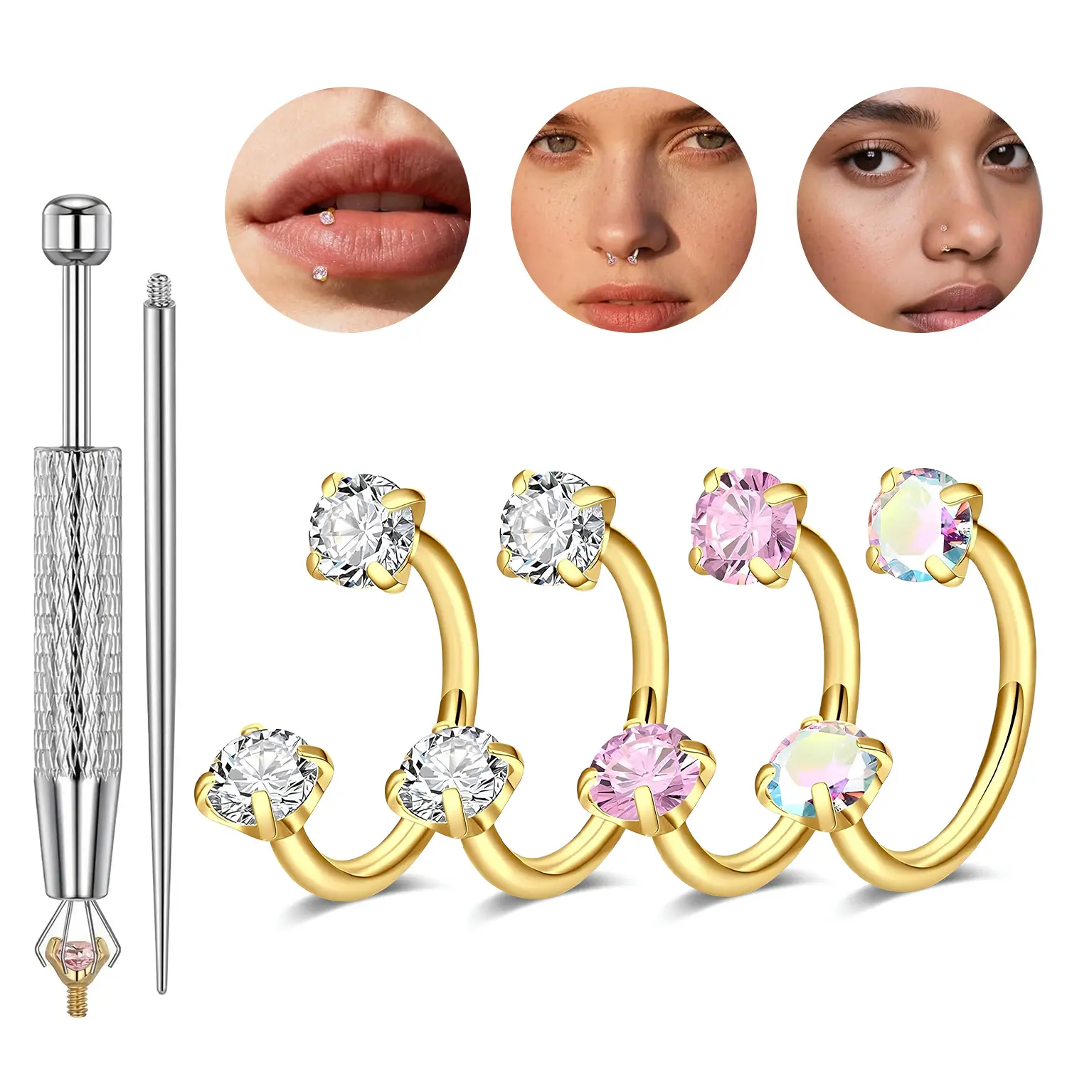 4 PCS 20G Nose Ring Set  with Free Ball Holder Guiding Needle Stainless Steel Double-Zirconia Jewelry for Nose Cartilage Lip Piercings