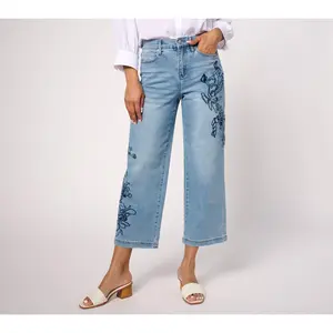 nicole by Nicole Miller Regular Stretch Embroidered Wide-Leg Jeans