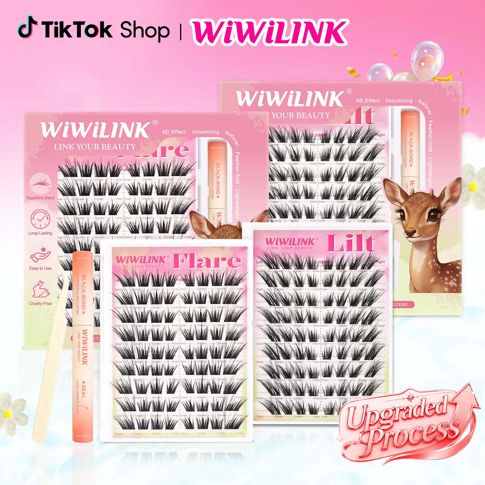 WiWiLINK Flare Lilt 6D Cluster Lashes Kit, CC Curl DIY Lash Extension Set, 12-18mm Mixed Individual Clusters, Soft Thin Band Waterproof Long-Lasting Eyelashes with Lash Bond, Seal & Tweezers