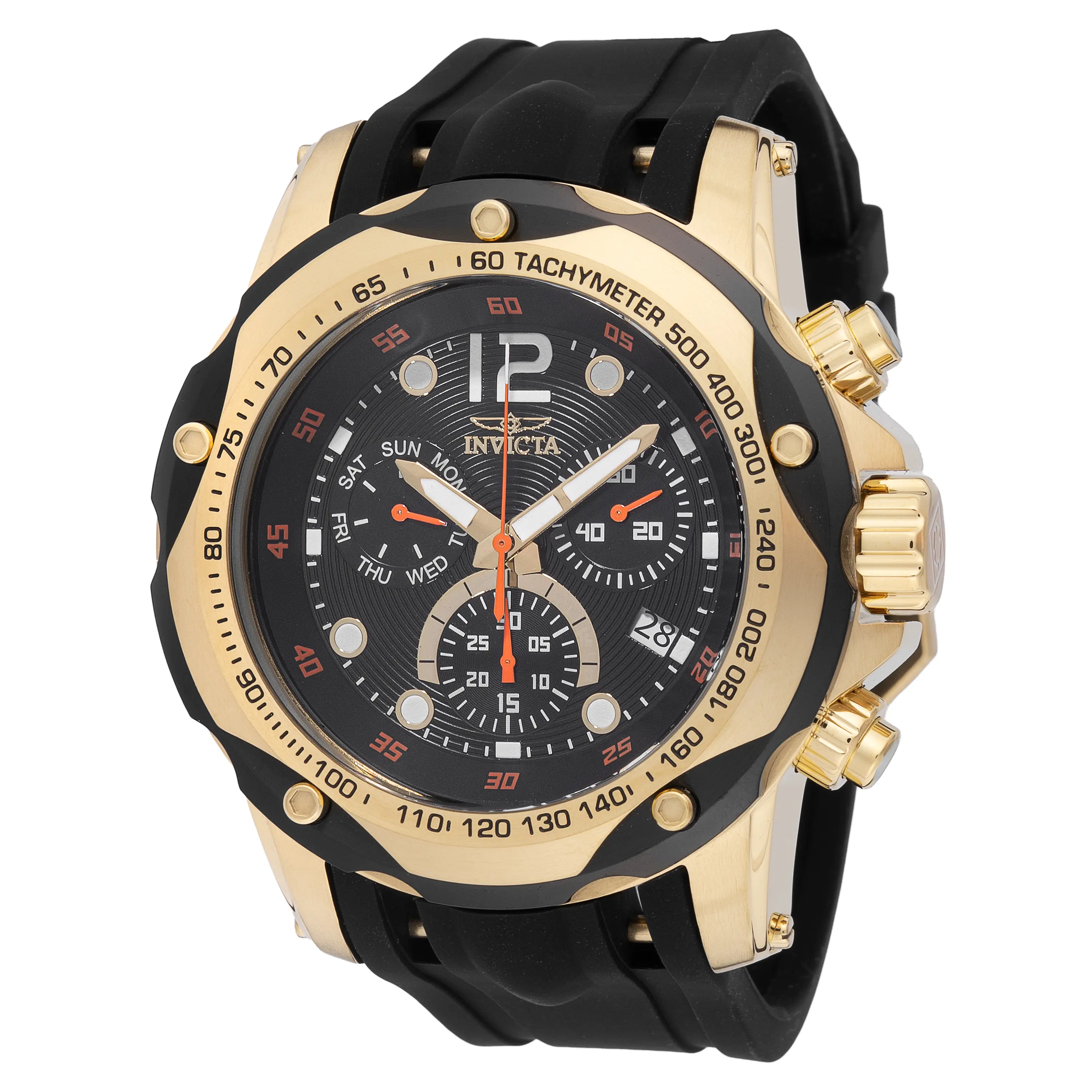 Invicta Men's Speedway Chronograph Watch, Bold Gold-Tone 51mm Case with Analog Round Face, Tachymeter Dial, Black Silicone Strap, Swiss Movement, Water Resistant, Bold Look, Male Wear, Buckle, Date, Day-Of-Week Sub-Dial, Racing Print, 3 Years, Durable