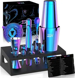IOV 12-Piece Boston Cocktail Shaker Set | Complete Bartender Kit with 18oz & 28oz Shakers, Bar Tools for Professional Mixing at Home and Parties Bottle Shape Opener Adjustable Ice Texture