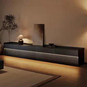 POVISON 118.11" Mid-Century TV Stand with LED Lights Modern Entertainment Center Cabinet with Adjustable Light Black TV Console Perfect for 100-inch TVs Plywood Furniture Living Room Design Aesthetic