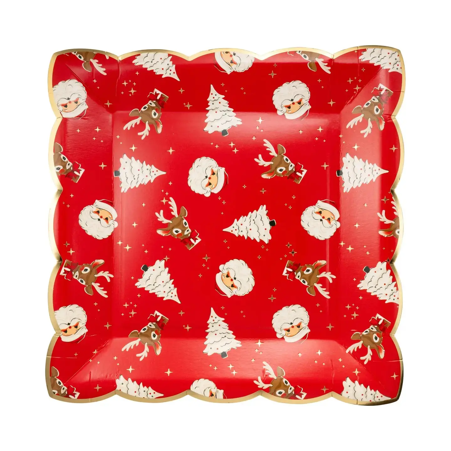 Retro Reindeer & Santa Paper Plates – 9" Vintage Holiday Party Tableware, Gold Foil Trim, 8 Pack