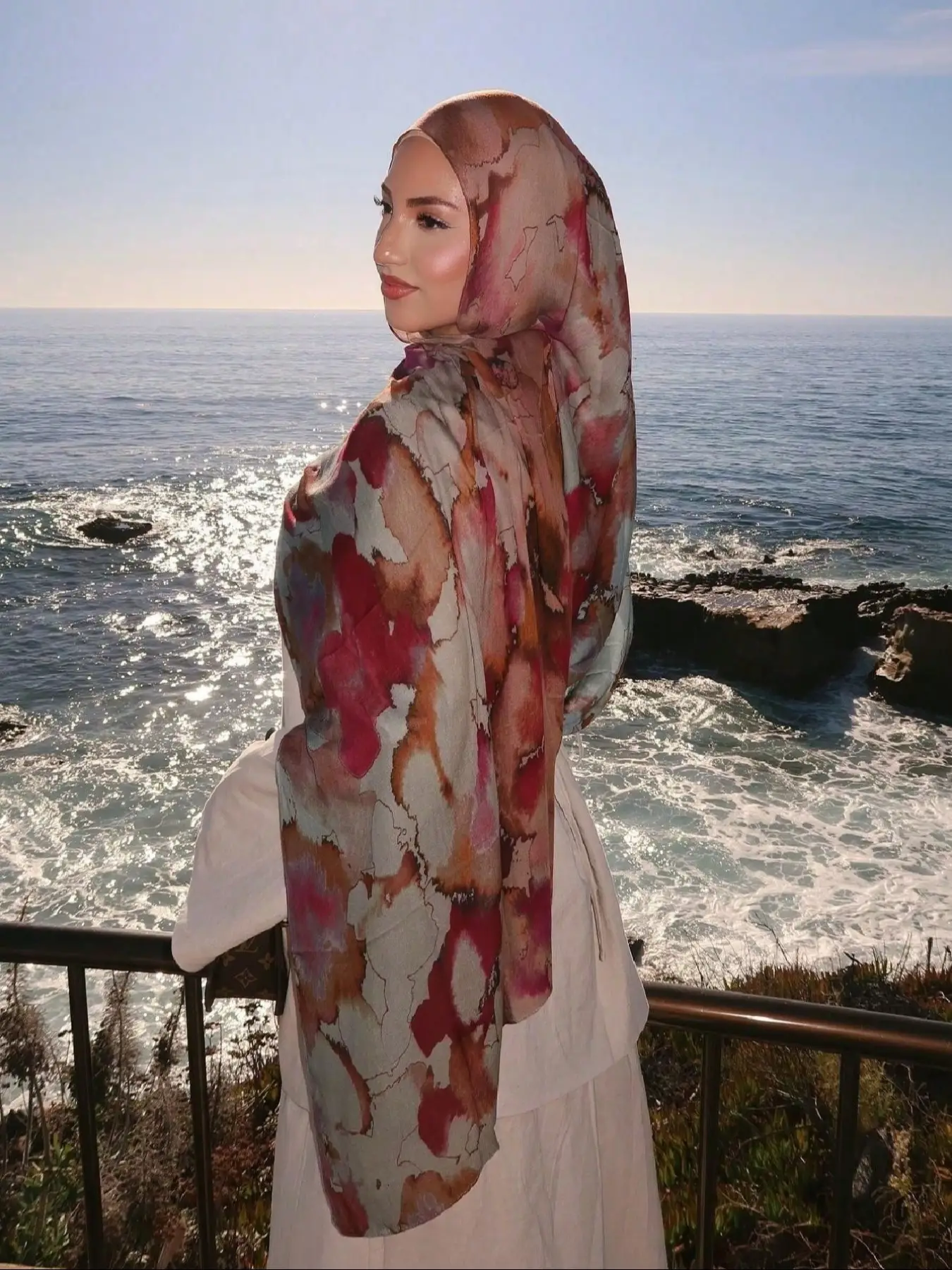 Women Bohemian Style Watercolor Floral Print Hijab, Casual Fitted Woven Fabric, Autumn Winter Streetwear Accessory for Daily Use