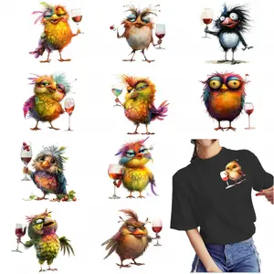 12-Pack Funny Bird and Wine Glass Pattern Patches - DIY Heat Transfer Vinyl Stickers for T-shirts, Jeans, Hats, Bags - Easy Peel and Stick Fabric Transfer Stickers