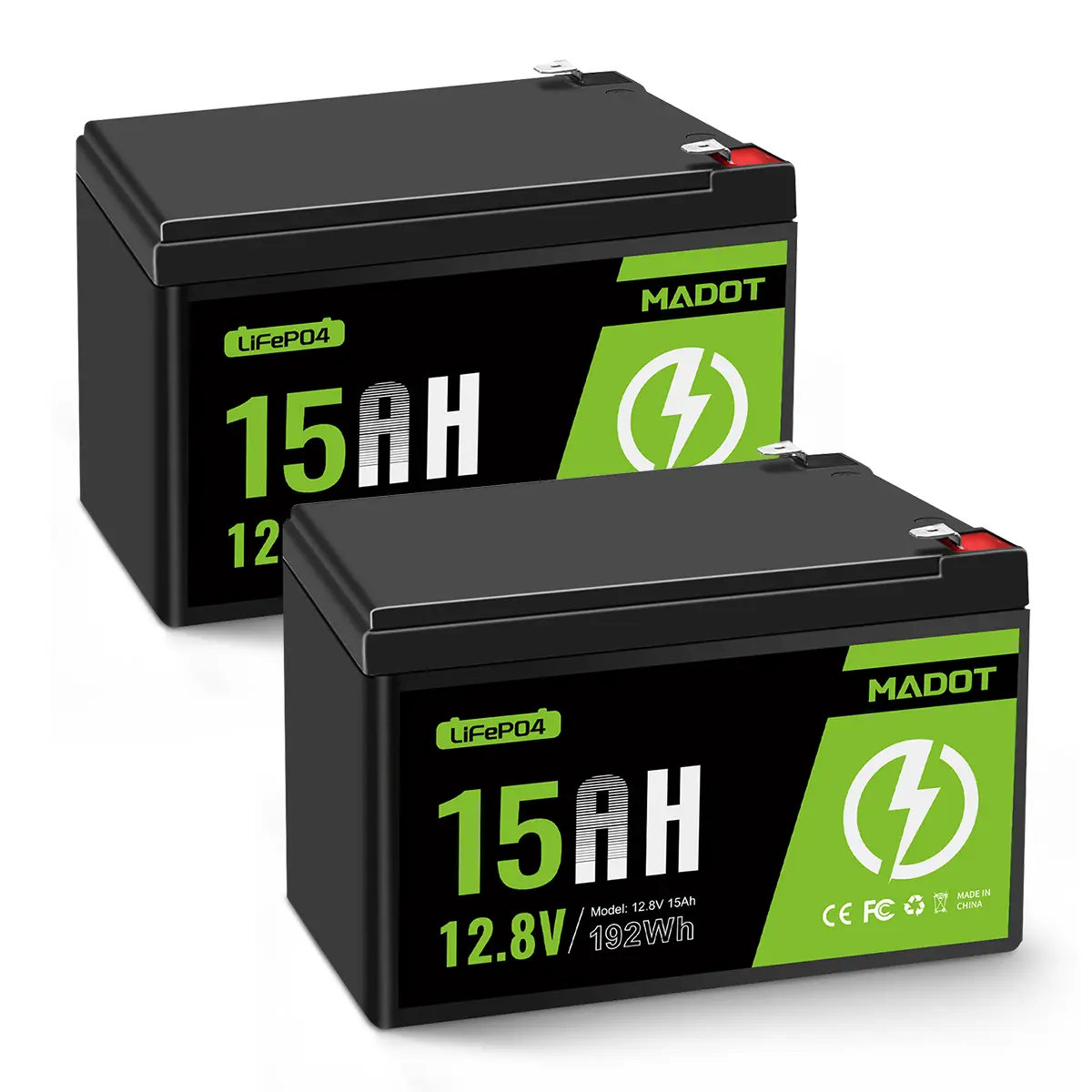 MADOT 12V 15Ah LiFePO4 Battery, 192Wh Rechargeable Deep Cycle Lithium Battery with 20A-BMS, 12V Battery for Small Solar Off-Grid System, LED Lights, Garden Irrigation, Alarm Systems & UPS Backup