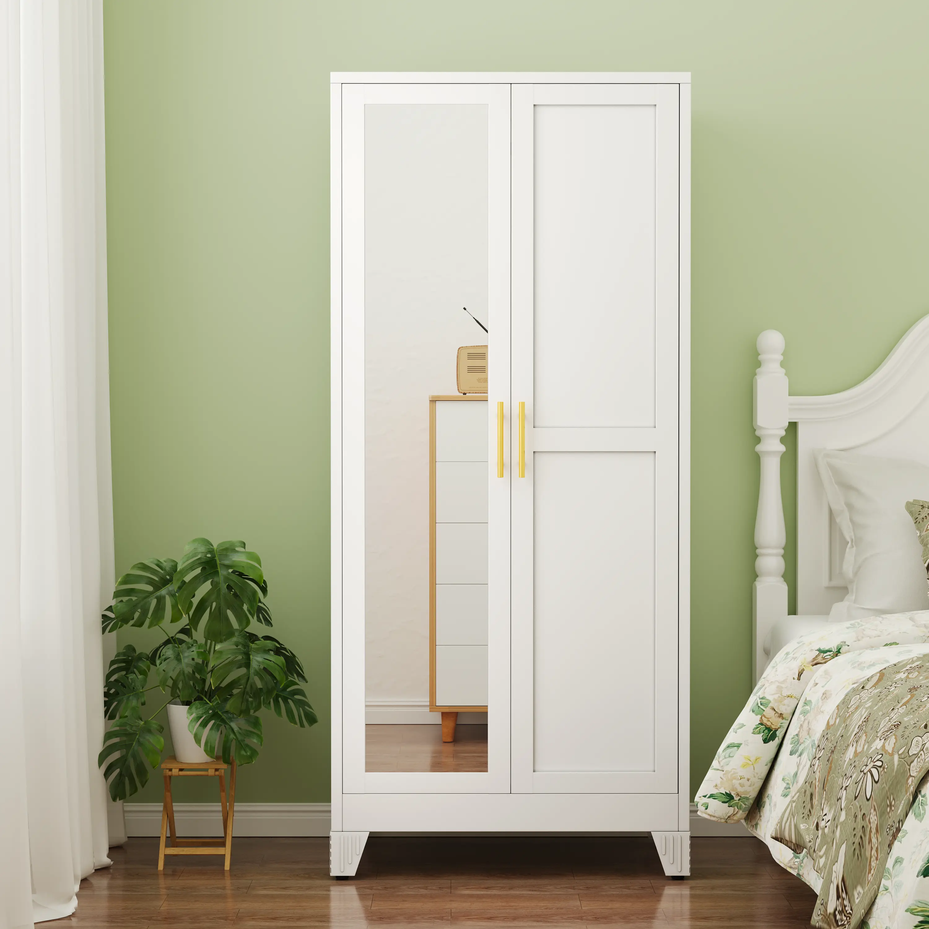 Metal Armoire Wardrobe Closet with 2 Mirror Doors, 71"' Wardrobe Cabinet with Adjustable Shelves and Hanging Rod, Clothing Storage Cabinet Closet with Mirror for Bedroom-White