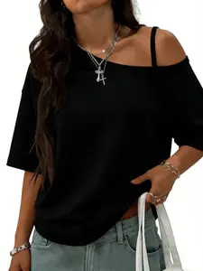 2 Pack off Shoulder Oversized T-Shirts for Women, Y2K Aesthetic Asymmetrical Strap Tees, Tiktok Viral Edgy, Perfect for Club & Party, Top
