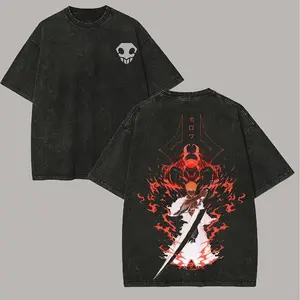 Men's Vintage Round Neck Shortsleeve Tshirt - Bleach Ichigo Kurosaki Printed, Distressed Washed, Fitted Menswear, Everyday Casual Top 71
