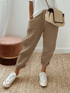 Women's Plain Solid Pocket Adjustable Drawstring Waist Straight Leg Pants, Casual Comfy Trousers for Daily Wear, Ladies Bottoms for All Seasons, Womenswear
