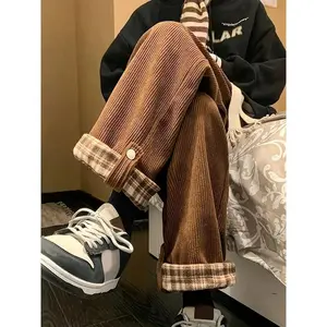 Women’s retro plaid corduroy pants — high-waisted, loose yet slim fit, apricot and black check pattern, drawstring waistband, casual style for spring and autumn, cute women’s bottoms