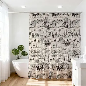 1pc Rustic Western Bath Decor Inspiration - Cowboy Theme Waterproof Shower Curtain for Classic Bathroom Decoration with Vintage Desert Landscape, Elegant Monochrome Printed Patterns for Stylish Home Decoration Scenario Ideas in Your Tub Space.