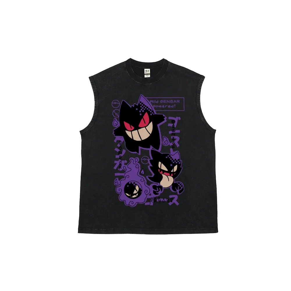 Wild GENGAR  Purple Ghost Creature Evolution Unisex Plus Size Summer Graphic Tees Personalized Pattern Y2k Clothing Round Neck Sleeveless Washed Vests,Women's Clothing 100% Cotton, Menswear, Top, Vintage Style, Casual Oversized,summerwin