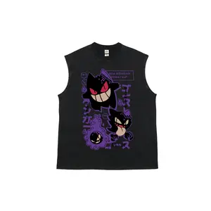 "Wild GENGAR appeared! GASTLY" Purple Ghost Creature Evolution Unisex Plus Size Summer Graphic Tees Personalized Pattern Y2k Clothing Round Neck Sleeveless Washed Vests,Women's Clothing 100% Cotton, Menswear, Top, Vintage Style, Casual Oversized