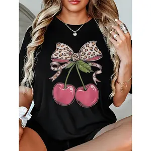 Plus size T-shirt, Women's Cherry Cherries Leopard Bow Print Short Sleeve Crew Neck T-Shirt  T-Shirt For Men And Women..