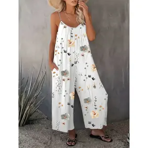 Comfortable, loose jumpsuit—perfect for vacations; perfectly matched pocket design; U-neck pleat-front fit; precise customization; sleeveless; floral design. GARMENTARY