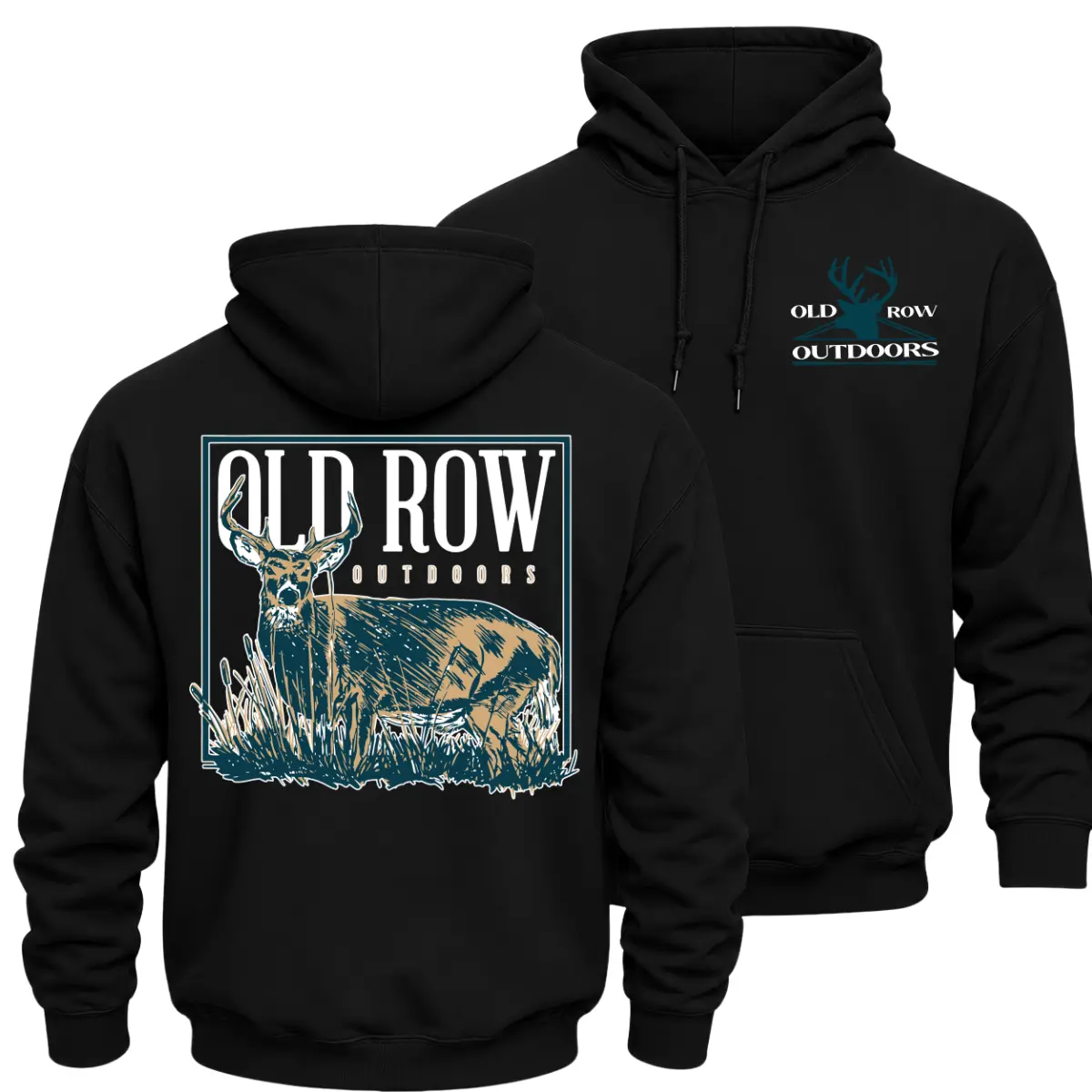 Old Row Outdoors Deer Hunting Hoodie, Whitetail Buck Graphic Pullover, Front Chest Logo and Large Back Print Hunter Hoodie, Southern Outdoor Sportsman Apparel, Fall Winter Hunting Gift for Men and Women