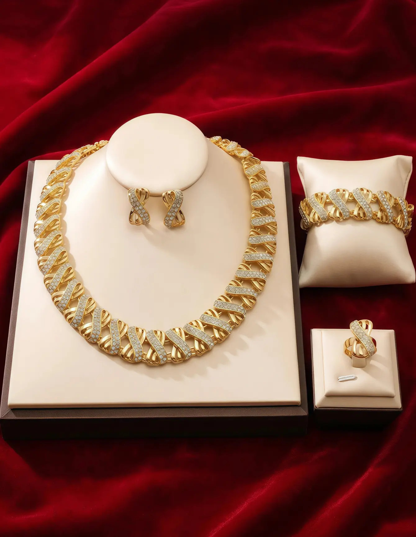 Female LQ Infinity Twist Crystal Gold 4-Piece Jewelry Set - Affordable Fashion, Twisted Loop, Hand-Set Crystals, Bold Links X-Studs, Tarnish-Resistant, 30-Day Money-Back Guarantee (for Wedding, Anniversary), Heavy Gold Feel, Stud Earrings