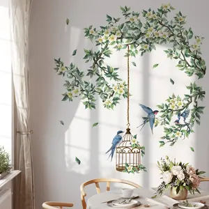 A set (30*60cm*6pcs) of creative hand-painted green tree branch and bird featured decorative wall stickers for beautifying bedrooms, living rooms, corridors, and entrance backgrounds, self-adhesive, M17527-KR