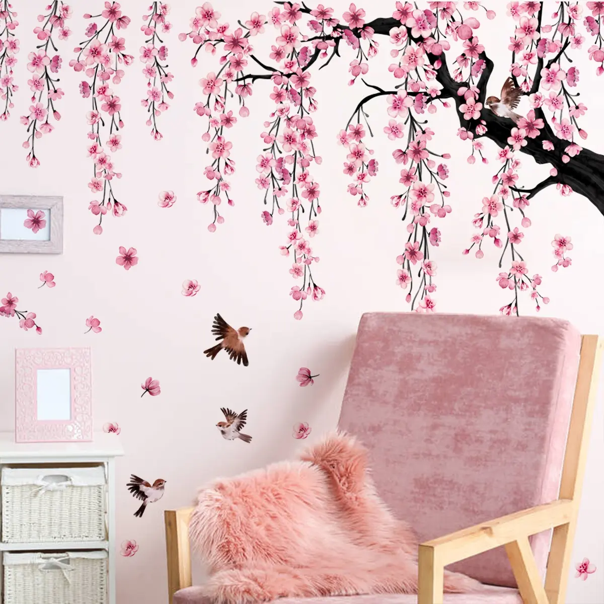 A set of 4 pieces (30*90cm*4pcs) creative pink peach blossom tree, bird and falling flower bathtub stickers Decoration Decorative Decal, Floral Pattern Sticker, suitable for living room, bedroom and bathroom background walls - MS7194-YC