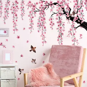 A set of 4 pieces (30*90cm*4pcs) creative pink peach blossom tree, bird and falling flower bathtub stickers Decorative Sticker, Floral Pattern Sticker, suitable for living room, bedroom and bathroom background walls - MS7194-YC