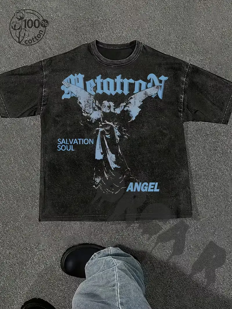 Men'S Vintage Graphic Tee Featuring Metatron Angel, a Washed Short Sleeve Shirt Perfect for Casual
