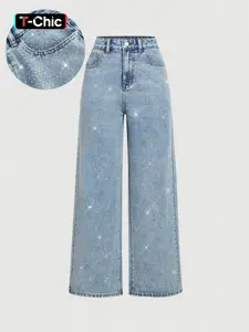 Women's Elegant High-Waisted Wide-Leg Denim Jeans, with Rhinestone Embellished, All-Season Fitted Woven Fabric Fashion Pants, Style, Trouser, Womenswear, Aesthetics