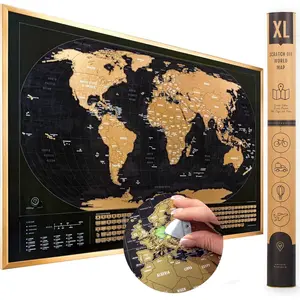 XL Scratch Off World Map with 196 Country Flags 36" x 24" Frameable World Map with  Colors and   Coating, Beautiful Scratch Map for Travelers, Black