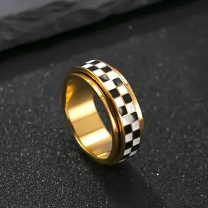Drip Oil Checkerboard Rotatable Ring, Stylish Design Stainless Steel Ring