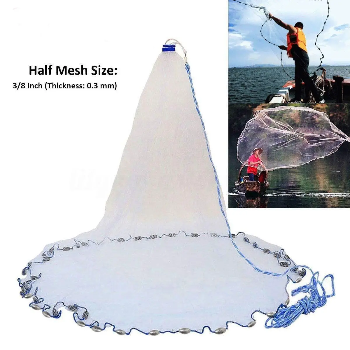 Finefish Multifilament Line Cast Net USA Catch Fishing Net Small Mesh Water Hunting Hand Throw Network 3/8 Inch Mesh 0.3 mm Thickness