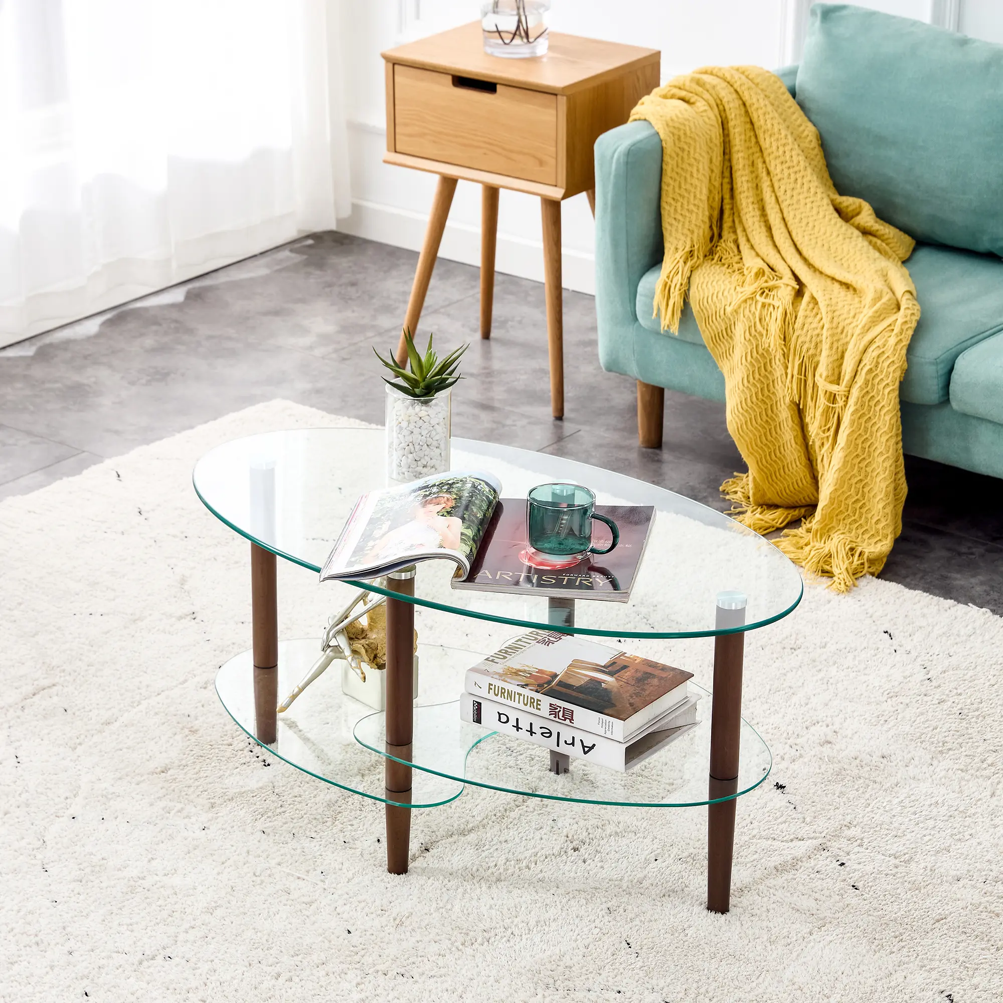 Transparent Oval Tempered Glass Coffee Table, Modern Living Room 3-Layer Design with Oak Wooden Base, 220lb Load Capacity, Ample Storage, Hassle-Free Assembly for Tea & Books, Multifunctional Console Table, Computer Desk