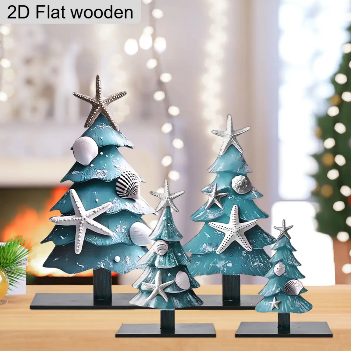 4 Pcs Blue Coastal Christmas Table Decorations, Wooden Ocean-Themed Tree Centerpieces, Xmas Party Gifts, Home Indoor Kitchen Office Room Decor
