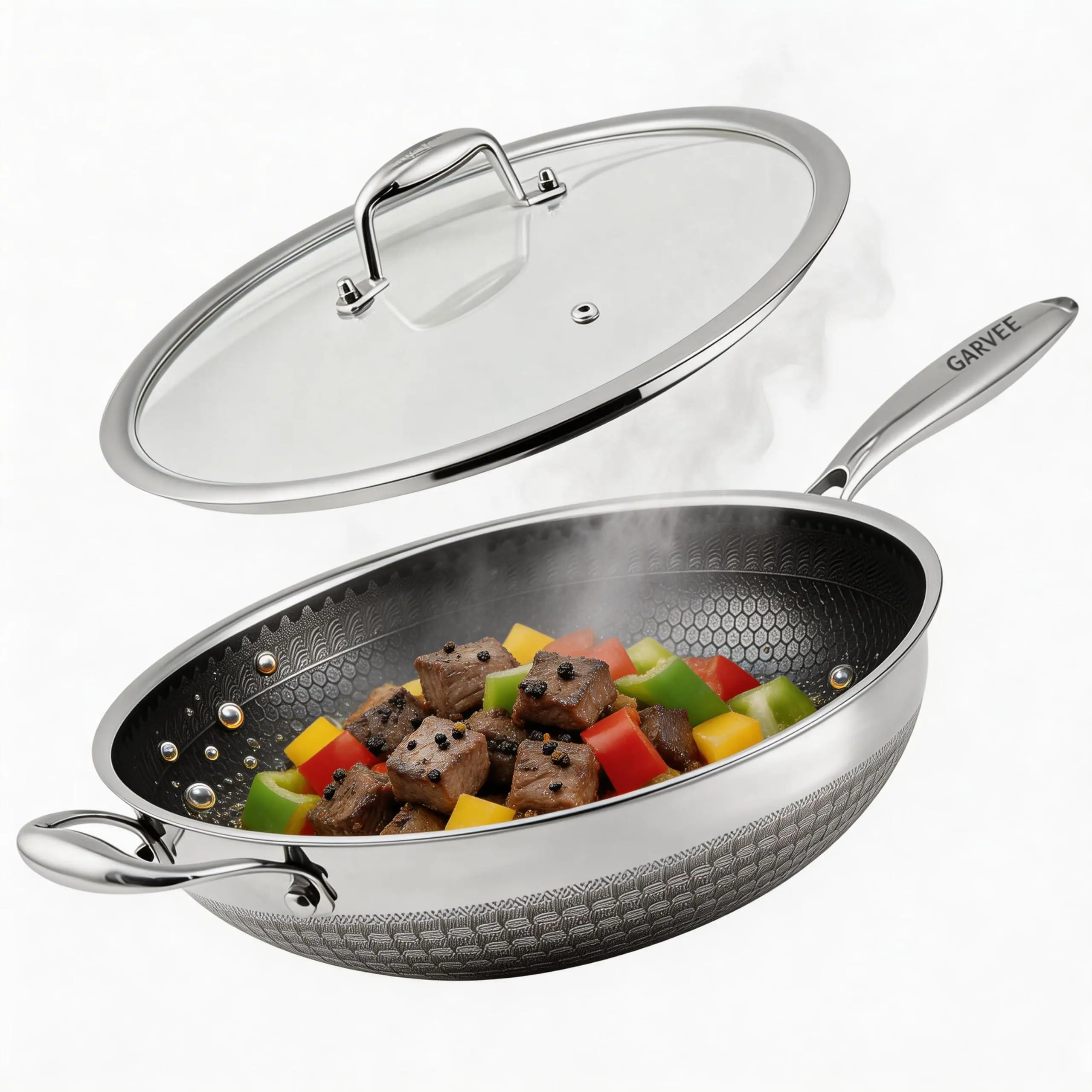 Garvee Stylish 12-Inch Hybrid Nonstick Stainless Steel Wok Pan with Lid - Non Toxic Cookware, Nonstick Kitchenware - Induction Compatible, PFOA Free, Dishwasher & Oven Safe Stir-Fry Cookware