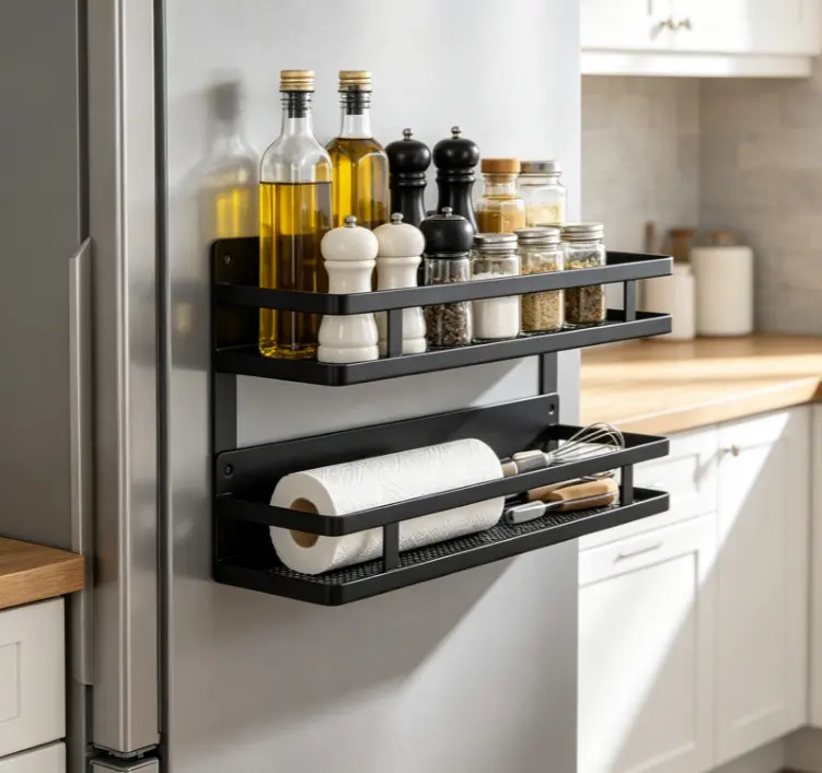 Magnetic Fridge Side Organizer, Metal Storage Shelf for Spices, Cooking Oils & Kitchen Essentials
