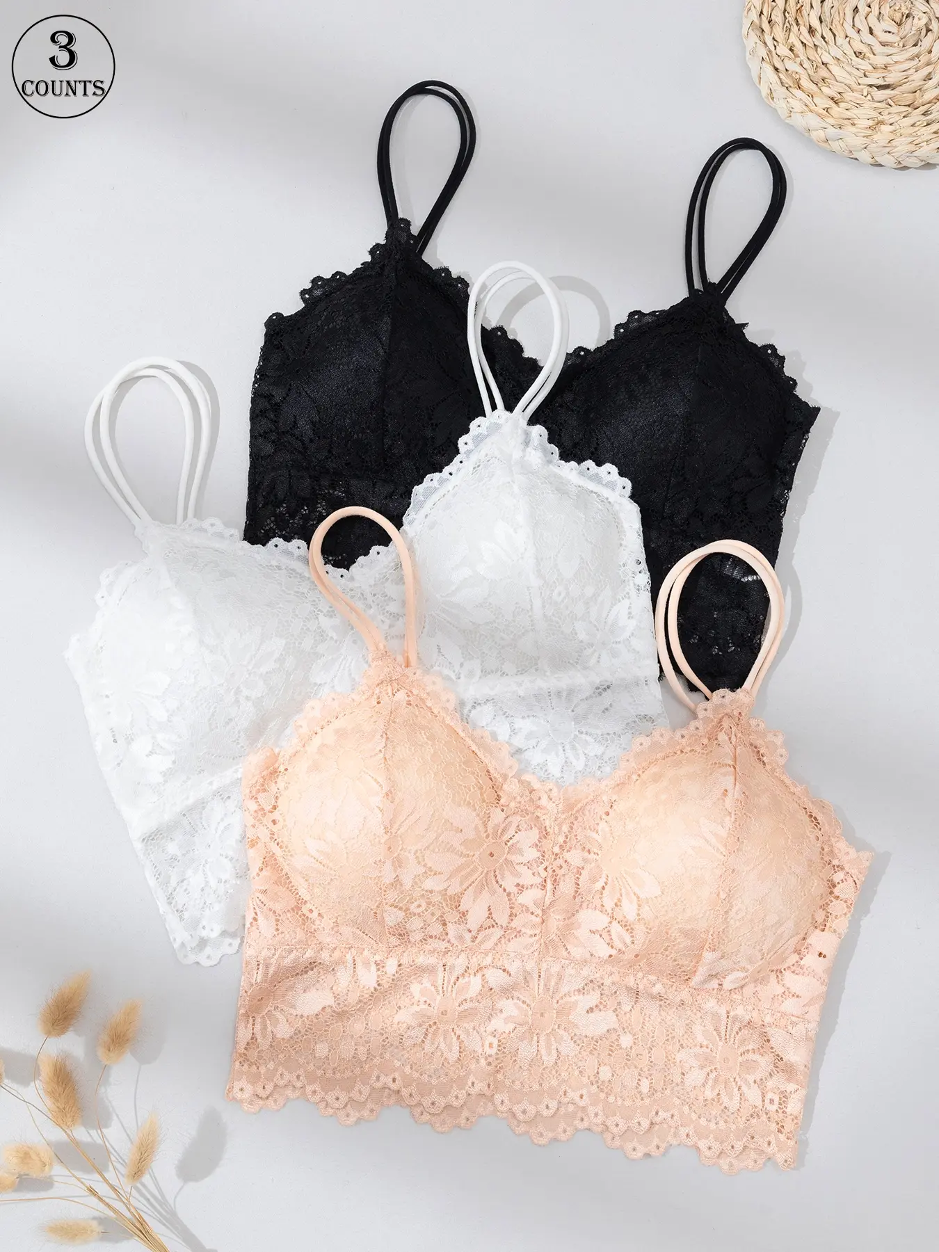 3 Pack/6 Colors Women's lace bra, wireless bra with chest pads and adjustable straps, skin-friendly, comfortable, breathable for all-day wear, suitable for daily casual wear, parties, sports, or yoga, lace design women's bra Underwear Adjustable Bras