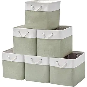13 x 13 Inch  Storage Cubes,6 Pack Cube Storage Bins for Shelves,Fabric Collapsible Storage Bins with Handles, Foldable Storage Basket for Organizing Clothes, Toys (White&Green)