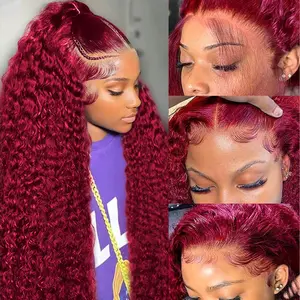 99J Burgundy Wig Human Hair 30inch 13x6 Deep Wave Lace Front Wigs Human Hair Wigs Human Hair Pre Plucked HD Transparent Lace Frontal Wigs for Black Women Deep Curly Red Colored Wig