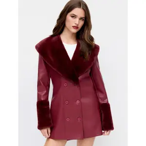 Cider Faux Leather  Double Breasted Jacket With Fleece Collar & Cuffs