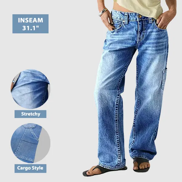 Flamingals Wash Multi Pocket Mid Rise Straight Leg Jeans Women's Fashion Casual Comfort