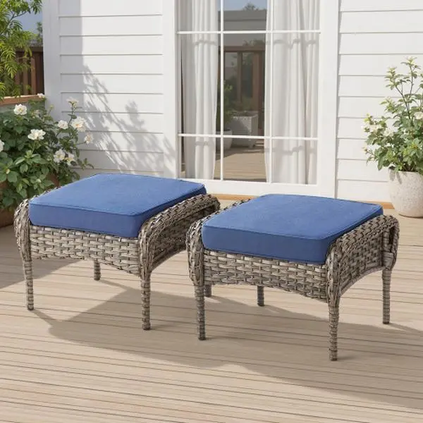 Outdoor Ottomans Patio Footrest Set of 2 - High Back Comfortable Brown Wicker Rattan Steel Frame Footstool Additional Bench Side Table for Porch Balcony Deck Garden Poolside - Navy Blue
