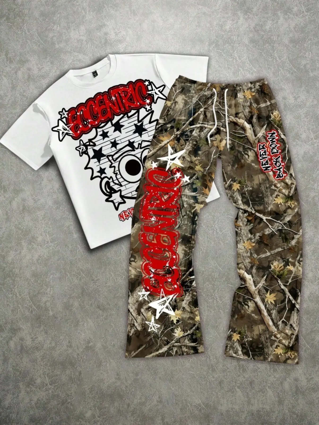 New Summer Streetwear Collection: Rich Star Letter Print T-Shirt + Camouflage Wide-Leg Pants Casual Sports Set (Unisex)