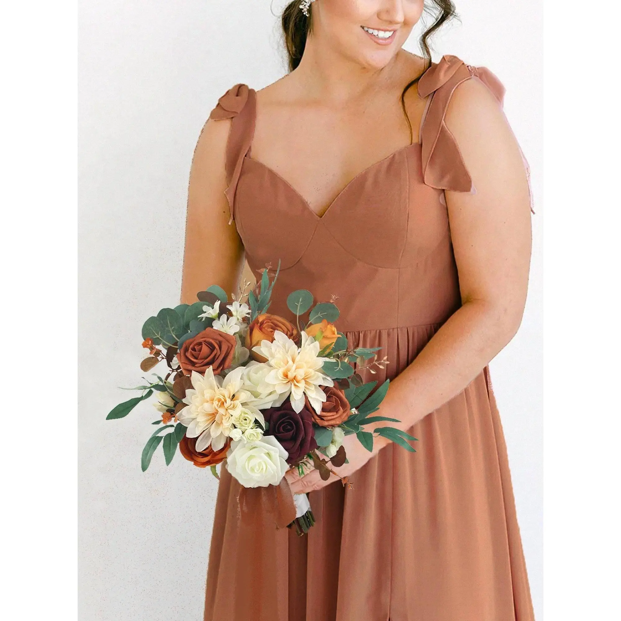 Rinlong 11.8 inch W x 13 inch H Silk Cream Terracotta Floral Mix Bridesmaid Bouquet - Decorative, Warm, Natural Look Wedding Decor for Maid of Honor