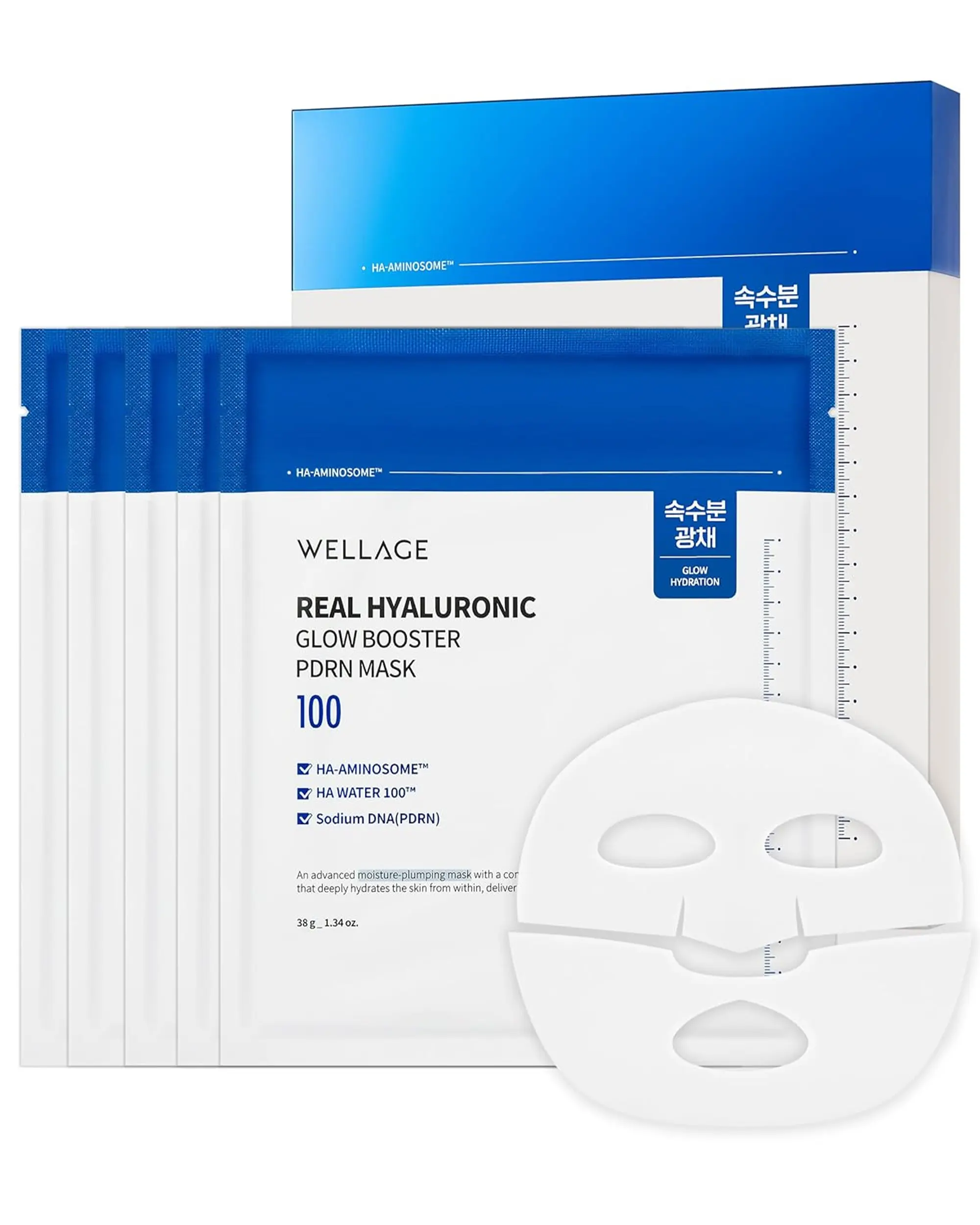 Wellage Real Hyaluronic Glow Booster PDRN Mask 5ea  | PDRN, Salmon DNA, Hyaluronic Acid, Hydrating Gel Mask, Korean Skin Care