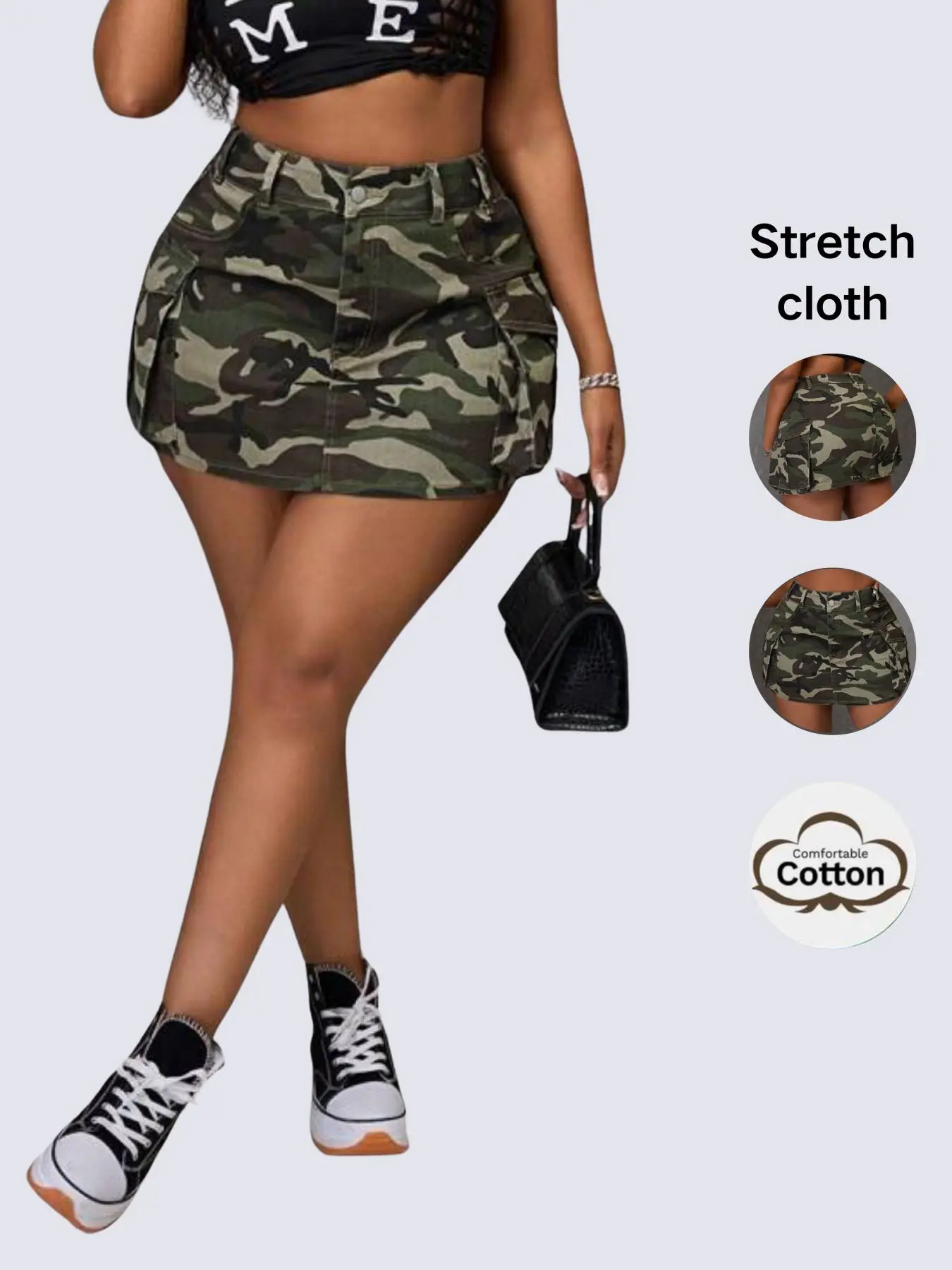 Women's Camo Camouflage Elastic Mini Short Multi-Pocket Button Work Denim Skirt Bottom, Fashionable, Casual Style, Everyday, Perfect for Daily Wear, Parties, Commuting, Versatile