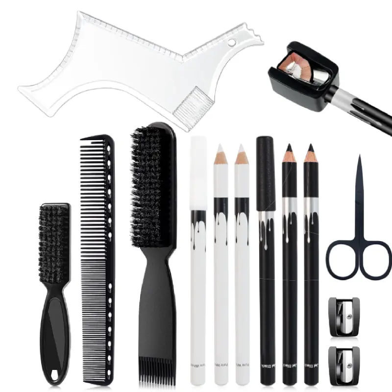 13-Pcs Beard Shaper Tool Kit for Men Grooming – Barber Pencil with Sharpener, Lineup Edging Template, Hairline Guide, Beard Comb & Clipper Brushes Set