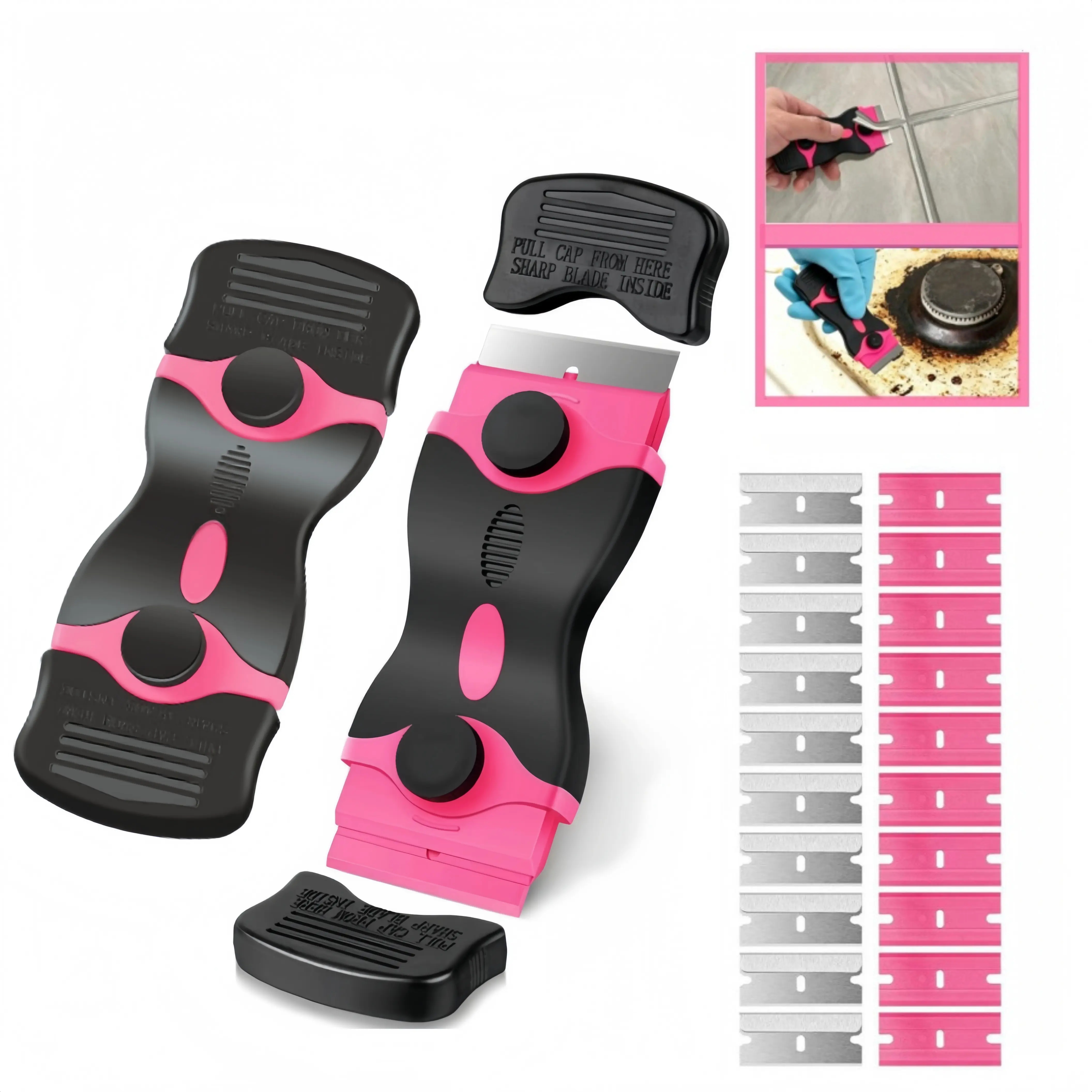 【DealsForYou】Pink Razor Blade Scraper Tool, Cleaning Razor Scraper for Glass, Glass Top Stove Scraper for Oven Door, Razor Scraper Gift for Women, 2-in-1 Scraper Tool Set with 20Pcs Razor Blades for Removing Window Labels