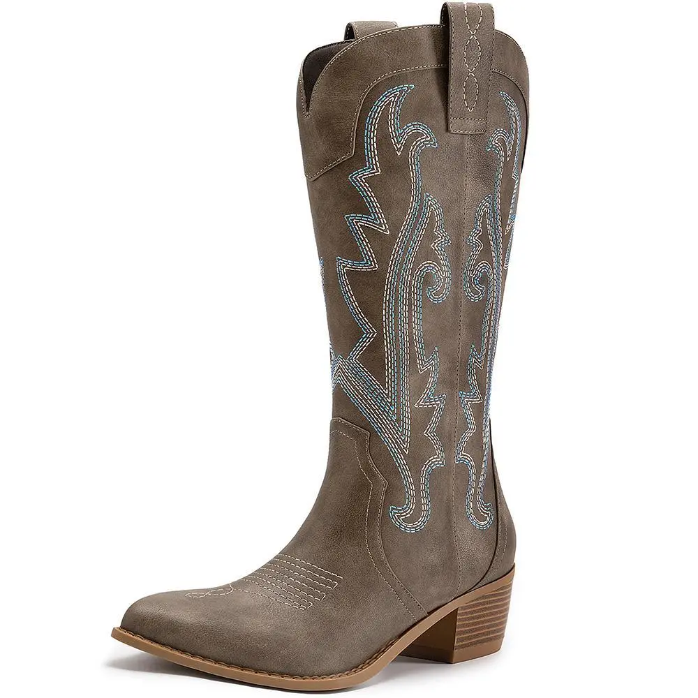 Women's Embroidered Western Cowboy Boots, Pointed Toe, Chunky Heel, Mid-Calf Cowgirl Footwear, Classic PU Leather, Comfortable Walking Shoes, Embroided Leather Boot, Western Leather Boot