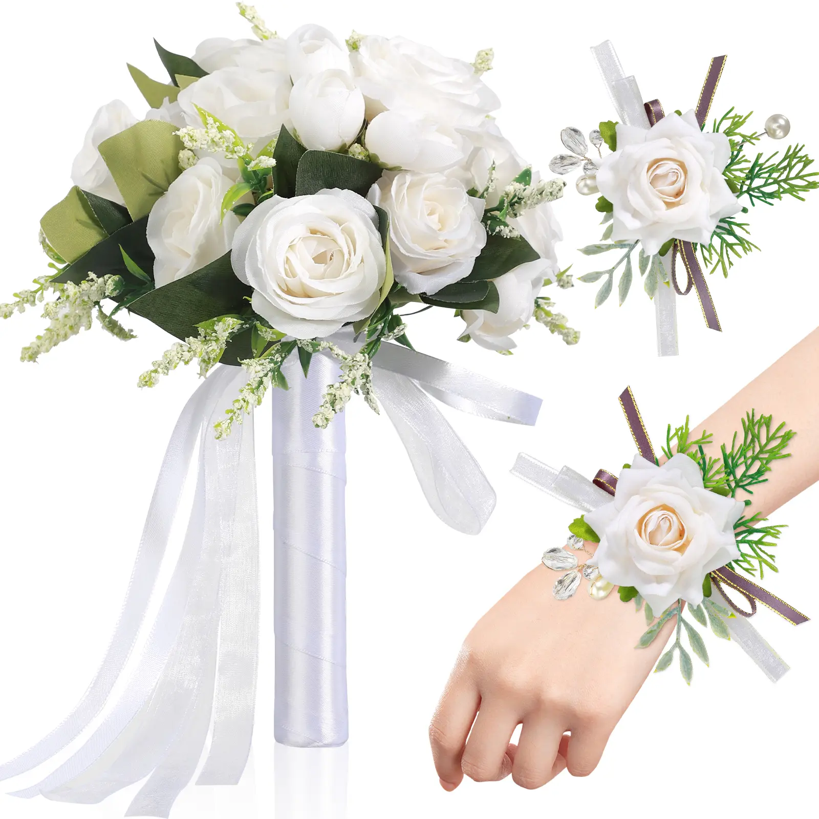 3pcs Artificial Western Wedding Decorative Combination Set - Style 3 (Bouquet+Wrist Flower+Corsage) with Lace Ribbon, for Bride, Church Decor, Outdoor Photography Props, Anniversary & Engagement (Comes in a Box)