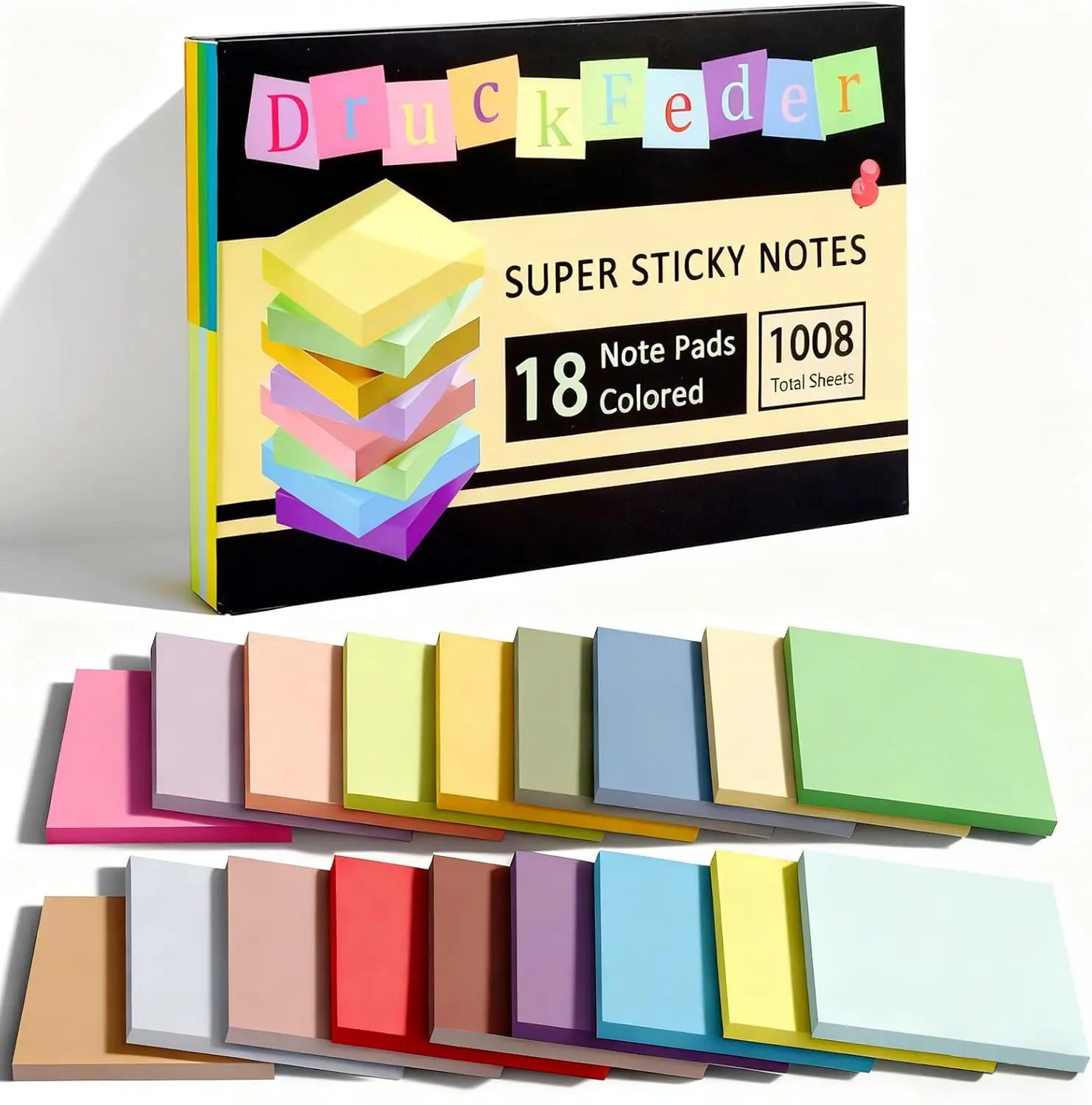Colored Self-Adhesive Square Sticky Notes Set - 18 Pads, 56 Square Sheets Each (1008 Total Sheets), Office Accessories, Backtoschoolshopping Essential, Home/Office Organization Tool for All Ages