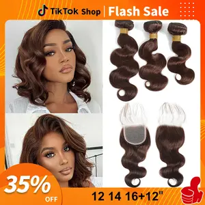 Brazilian Body Wave Bundles with Closure (12 14 16+12) grossy hair bundles 10A Light Brown Body Wave Human Hair Bundles with Lace Closure Raw human hair bundles Brazilian Virgin Hair 3 Bundles with Lace Closure with Baby Hair valentines gifts for gf